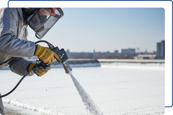 A roofing technician applying spray foam around a roof penetration to create a seamless, leak-proof seal.