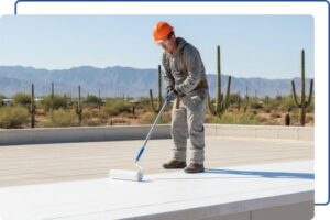 A contractor performing maintenance by recoating a Phoenix foam roof with a protective UV-resistant top layer.