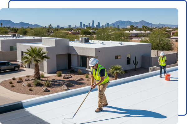 workers applying a roof coating to a residential roof
