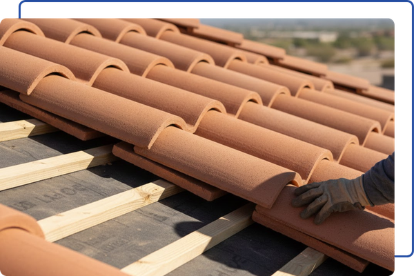 a tile roof installation, highlighting the natural air gap between the tiles and the roof deck for ventilation