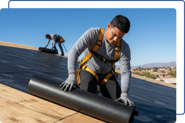 A professional roofing contractor installing high-grade, heat-rated waterproof underlayment on a roof deck before the tiles are laid
