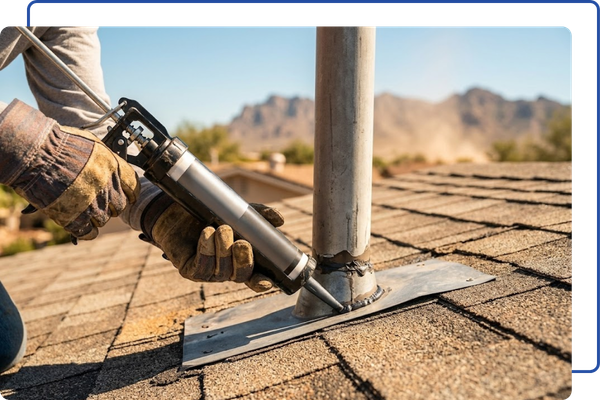 the gloved hands of a professional roofer on an Arizona roof, actively applying a specialized sealant around the flashing base of a plumbing vent pipe