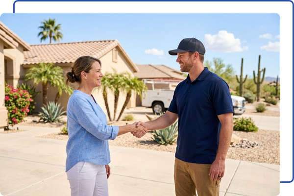 a male roofer in a clean uniform shaking hands with a satisfied female homeowner on a suburban Arizona property