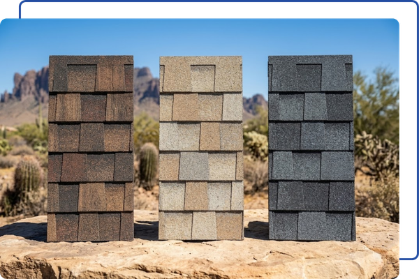 A side-by-side display of three varying styles and color blends of architectural asphalt shingle samples for Arizona homes