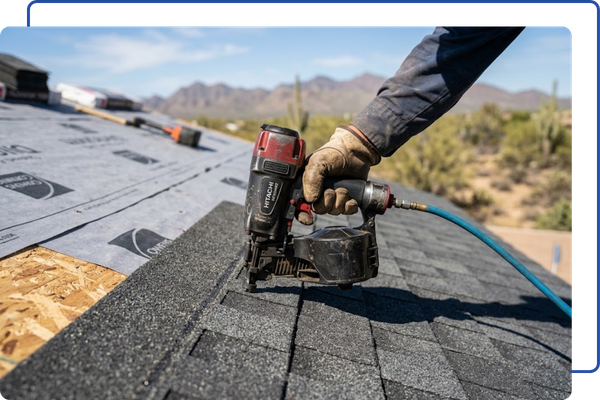 a professional roofer's hand using a nail gun to install new asphalt shingles correctly on an Arizona roof